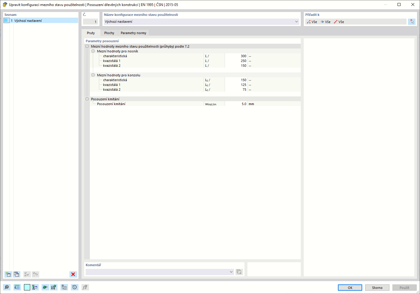 Zobrazení dialogového okna pro úpravu konfigurace použitelnosti podle normy EN 1995 v softwarovém rozhraní.