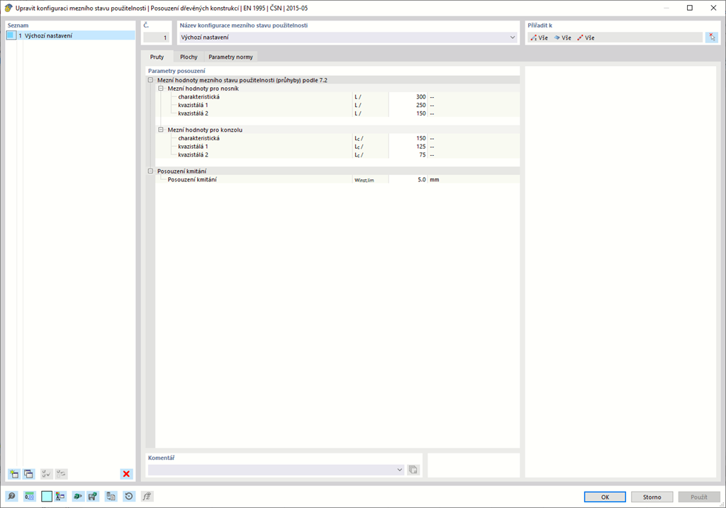Zobrazení dialogového okna pro úpravu konfigurace použitelnosti podle normy EN 1995 v softwarovém rozhraní.