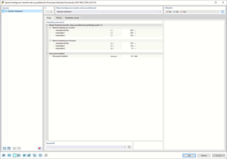 Zobrazení dialogového okna pro úpravu konfigurace použitelnosti podle normy EN 1995 v softwarovém rozhraní.