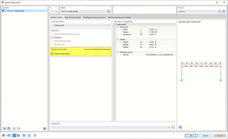 Dialog "Upravit sadu prutů" | Přiřazení vlastností posouzení