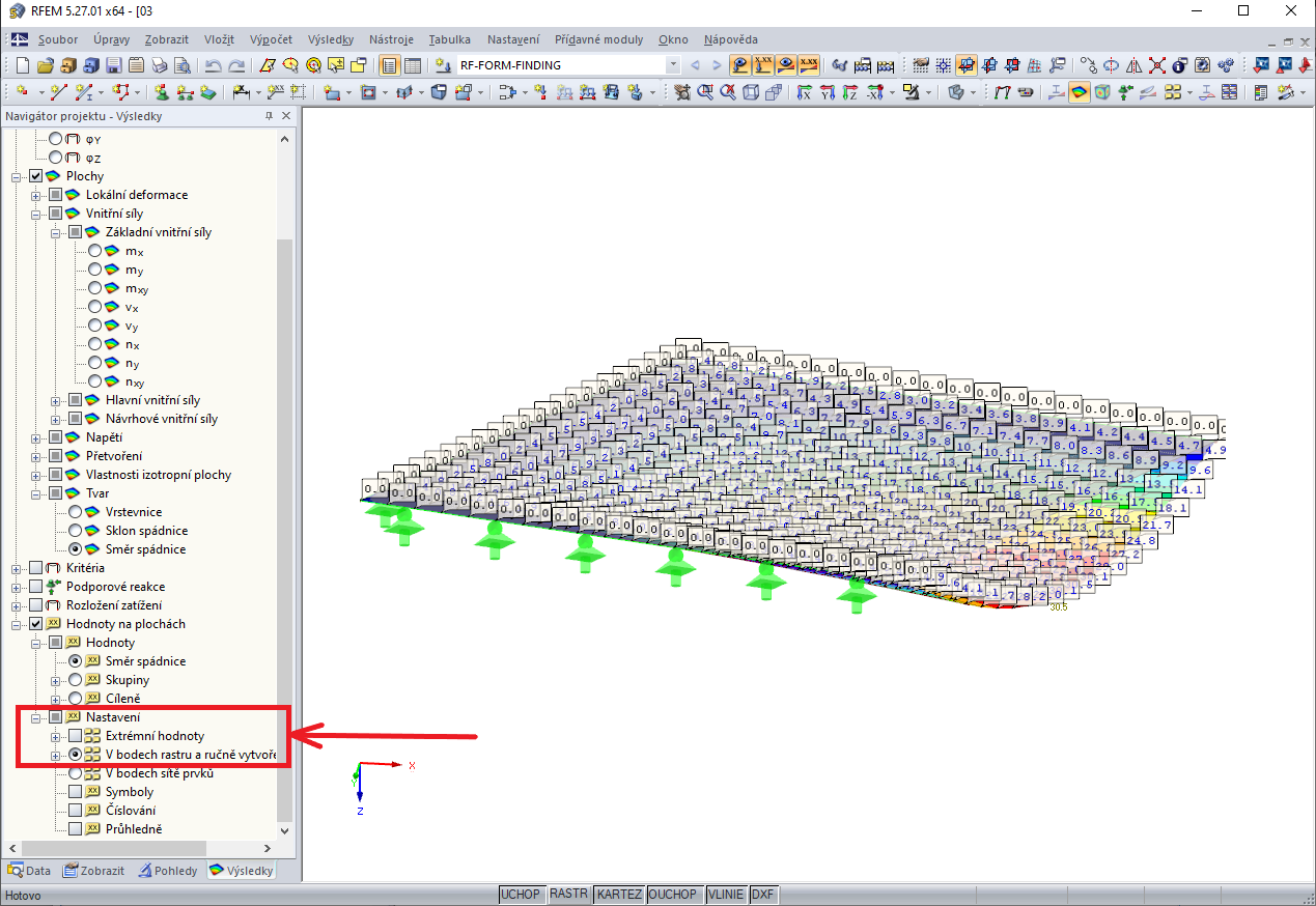 FAQ 005160 | Mám aktivované hodnoty na plochách v bodech rastru, ale zobrazují se pouze extrémní hodnoty. Jak mohu zobrazit všechny hodnoty ve všech bodech rastru?
