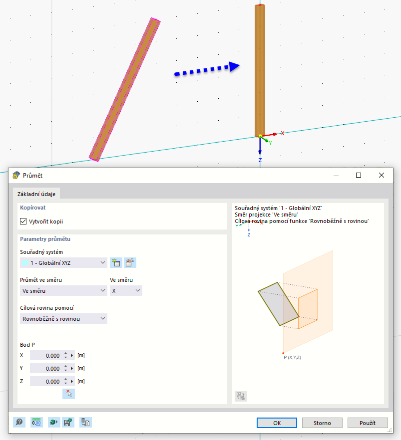 Promítnutí prutu ve směru osy x na rovinu