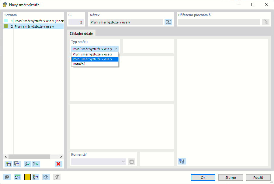 Dialog 'Nový směr výztuže'