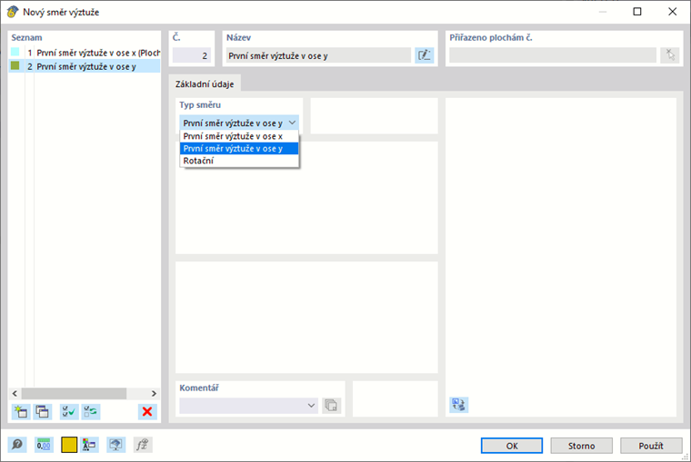 Dialog 'Nový směr výztuže'