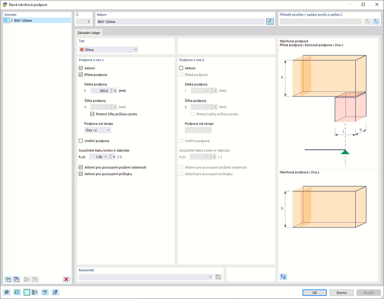 Dialogové okno zobrazující nastavení pro návrh nosných konstrukcí dřevěných konstrukcí s možnostmi přizpůsobení podpor a parametrů.