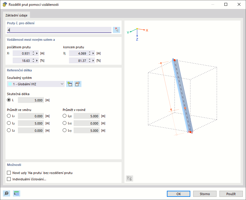 Rozdělení prutu ve vzdálenosti od počátku prutu