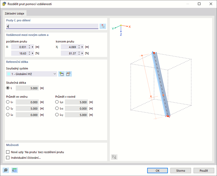 Rozdělení prutu ve vzdálenosti od počátku prutu