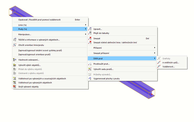 Rozdělení prutu pomocí místní nabídky