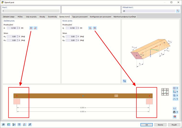 Grafická úprava délky prutu pomocí funkce "Koncové úpravy"