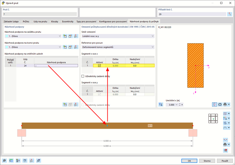Definice segmentů pro analýzu deformací | Bez návrhové podpory na vnitřním uzlu