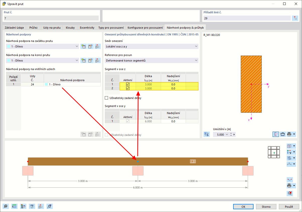 Definice segmentů pro analýzu deformací | S podporou posouzení na vnitřním uzlu