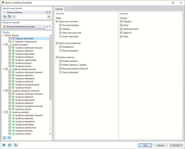 Správce výsledků pro posouzení dřevěných konstrukcí