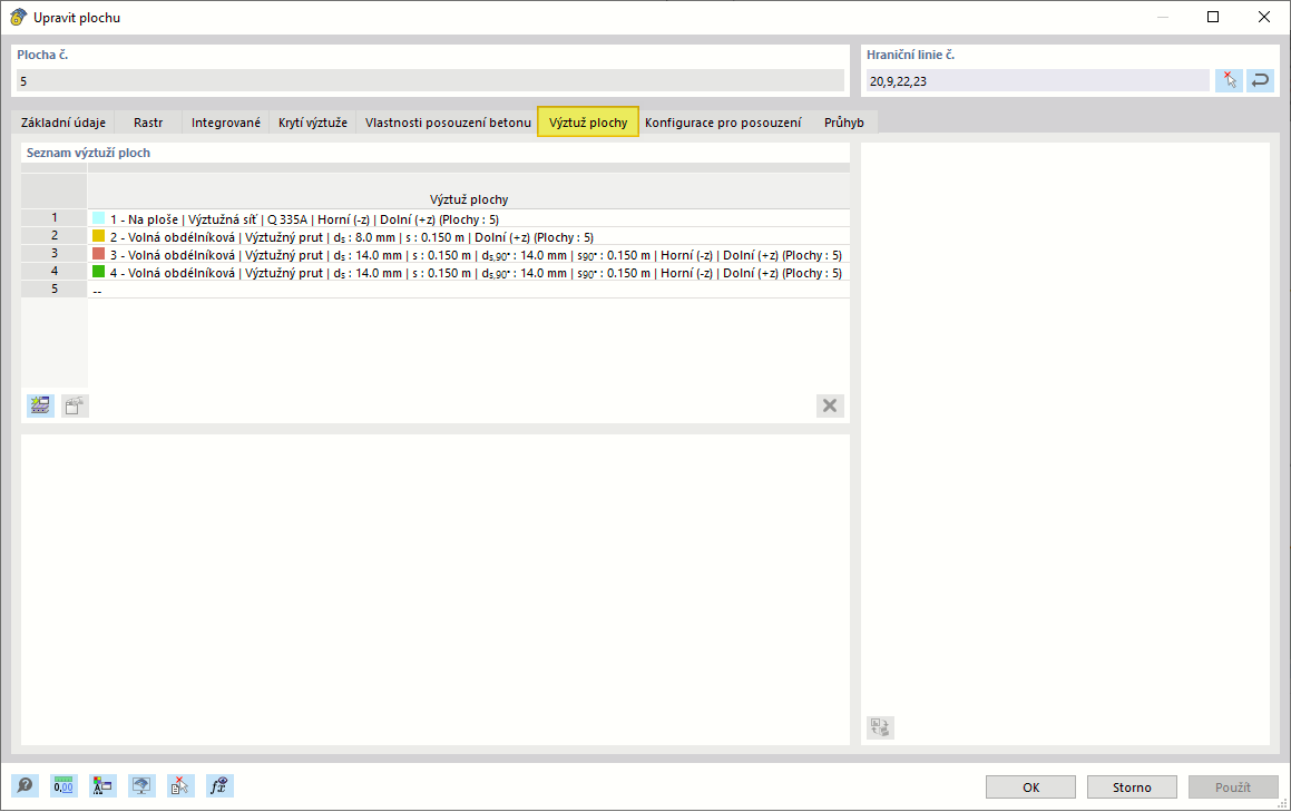 V dialogu 'Upravit oblast' zadejte plošnou výztuž