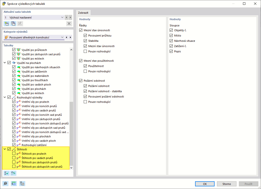 Správce výsledkových tabulek | Aktivace štíhlostí