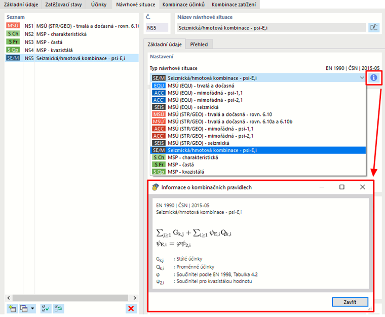 Návrhová situace „Zemětřesení/kombinace hmot“