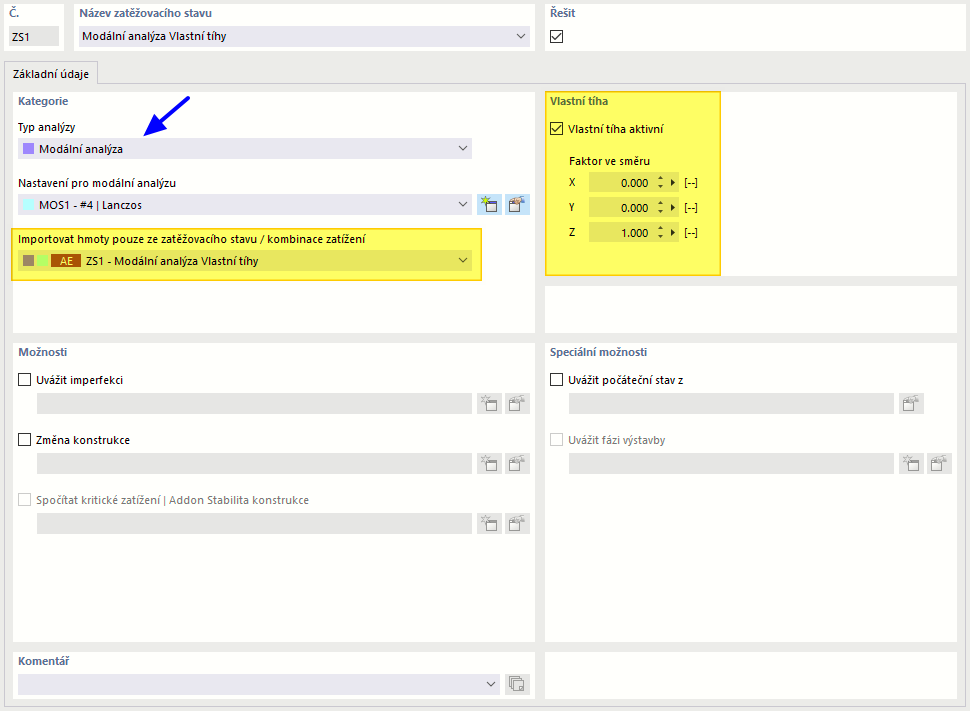 Zatěžovací stav typu "Modální analýza" pro přímý přenos zatížení