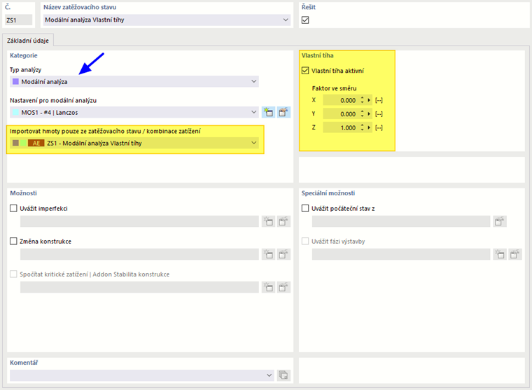 Zatěžovací stav typu "Modální analýza" pro přímý přenos zatížení