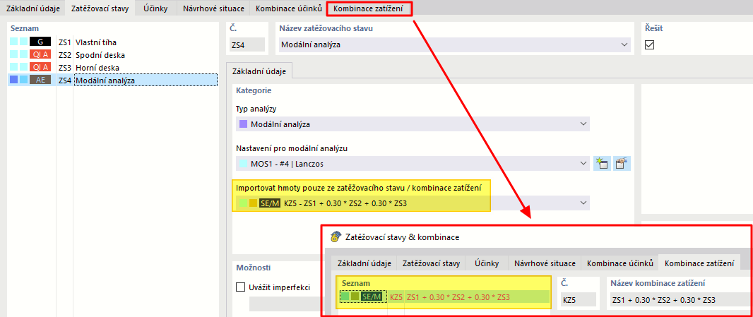 Převzetí hmot z kombinace zatížení