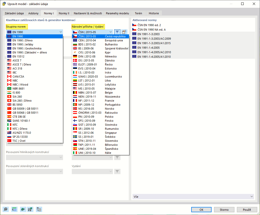 Definovat normu pro kombinaci zatěžovacích stavů