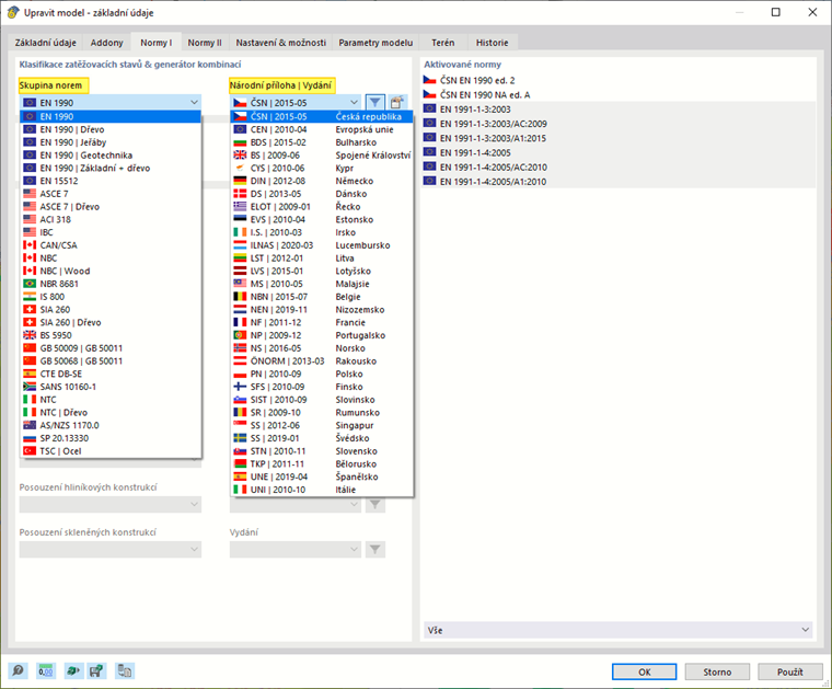 Definovat normu pro kombinaci zatěžovacích stavů