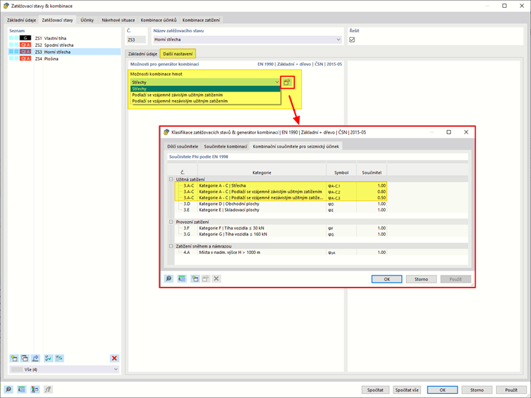 Další nastavení pro hmotové kombinace