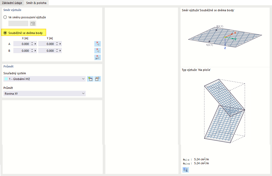 Zadejte plošnou výztuž rovnoběžně se dvěma body