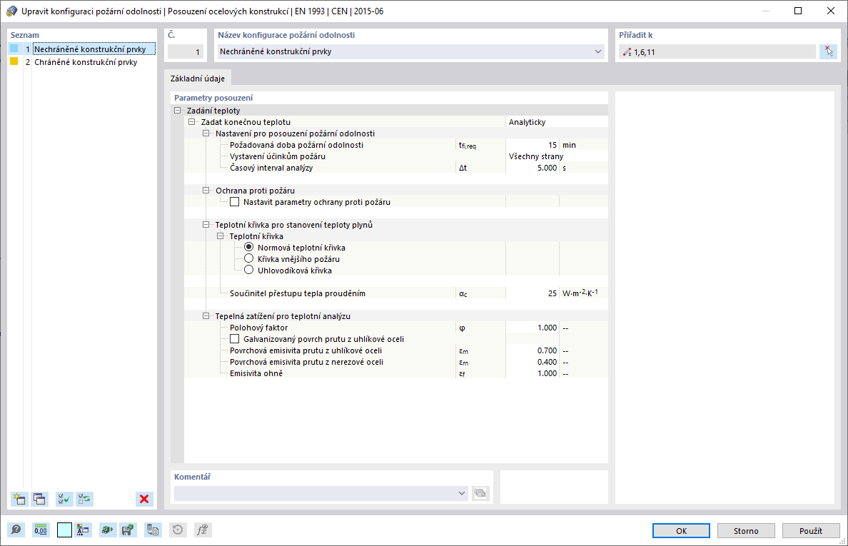 Parametry posouzení požární odolnosti
