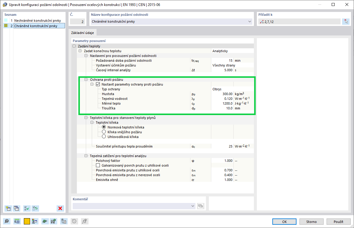 Konfigurace požární odolnosti pro chráněné konstrukční prvky