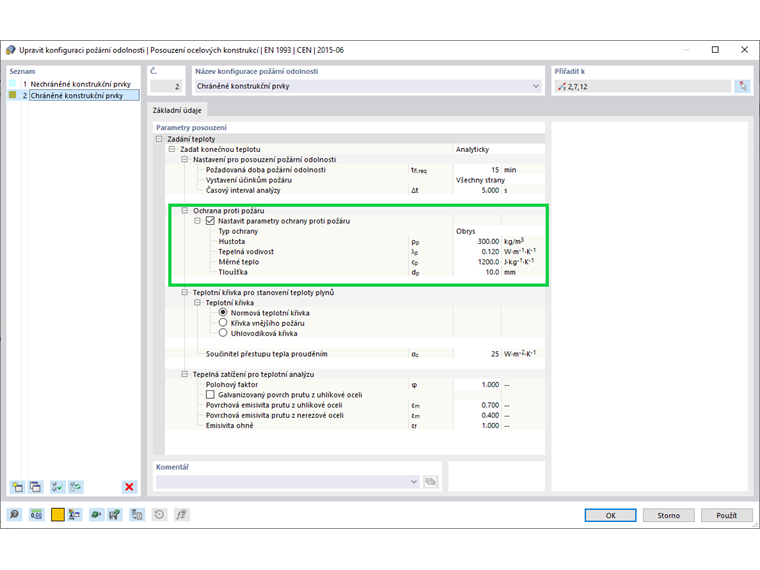 Konfigurace požární odolnosti pro chráněné konstrukční prvky