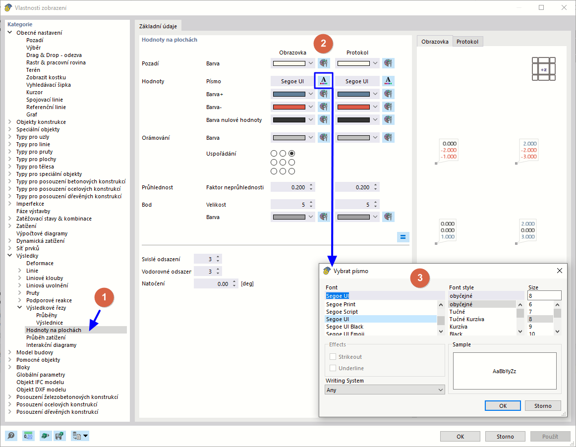 Úprava písma a zobrazení hodnot výsledků