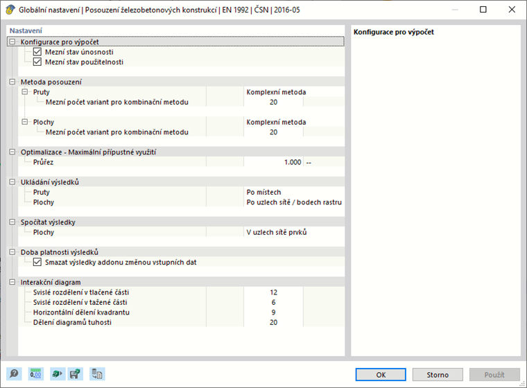 Dialog „Globální nastavení“ pro posouzení betonu podle EN 1992
