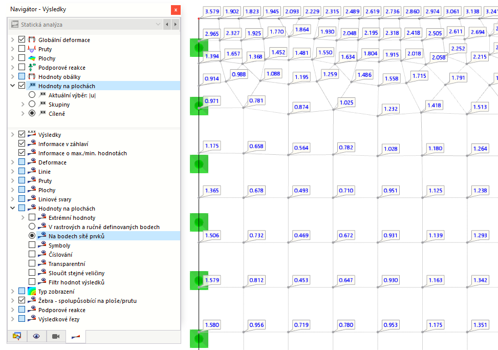 Zobrazení hodnot výsledků na bodech sítě KP