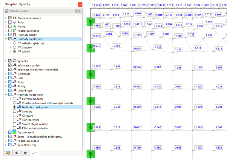 Zobrazení hodnot výsledků na bodech sítě KP