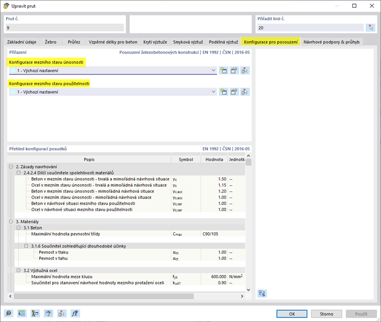 Přiřaďte prutu konfigurace posouzení pro únosnost a použitelnost