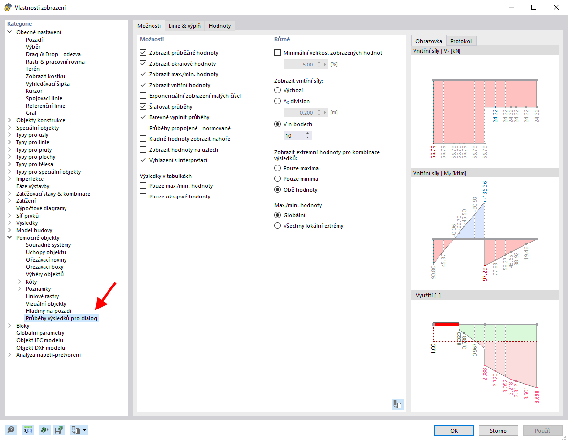 Úprava vlastností zobrazení pro průběhy výsledků