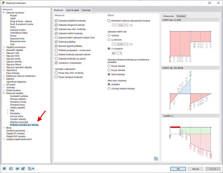 Úprava vlastností zobrazení pro průběhy výsledků