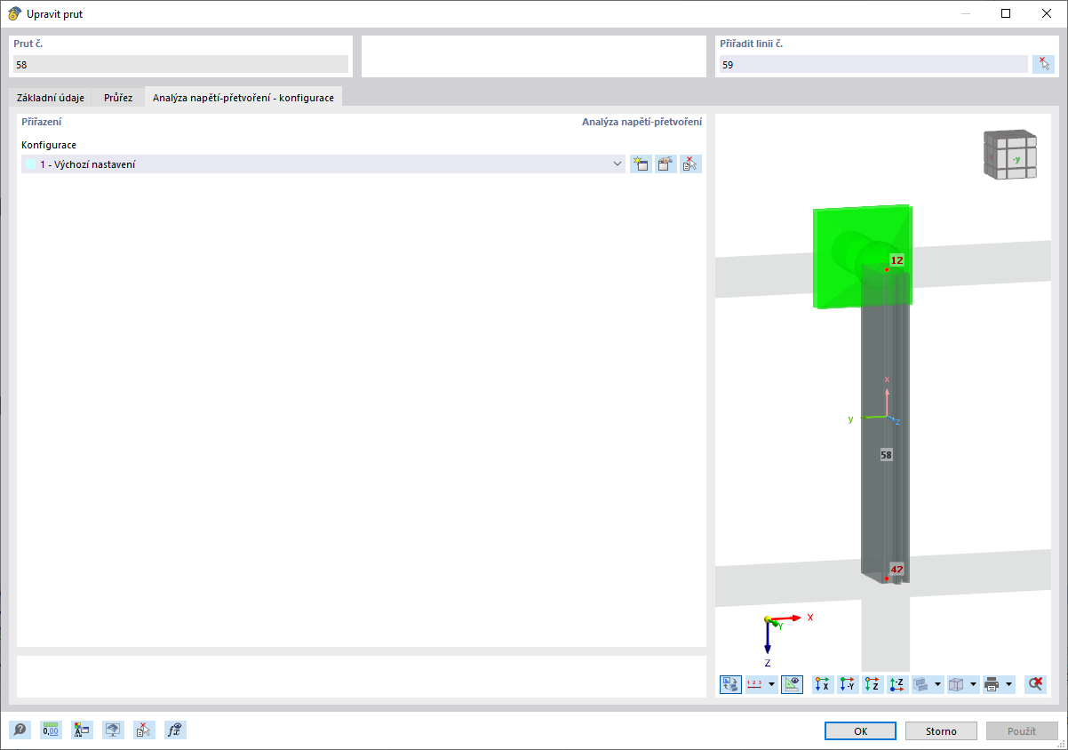 Dialogové okno „Upravit prut“, karta „Analýza napětí-přetvoření - konfigurace“ pro analýzu napětí-přetvoření
