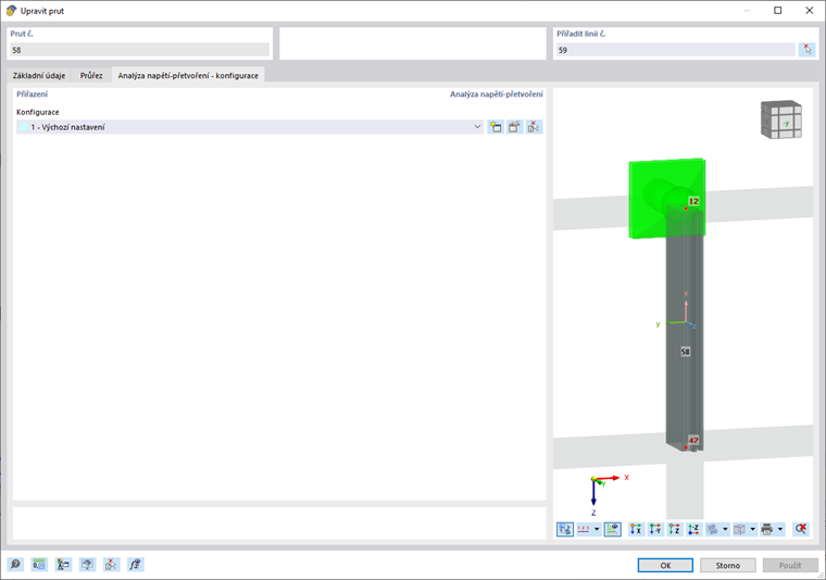 Dialogové okno „Upravit prut“, karta „Analýza napětí-přetvoření - konfigurace“ pro analýzu napětí-přetvoření