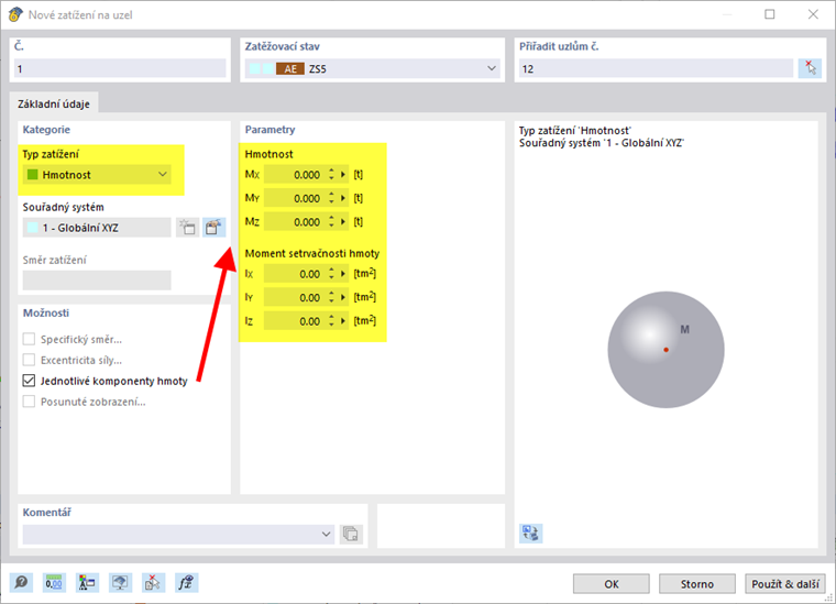 Zatížení na uzel definujte pomocí hmotnostních složek