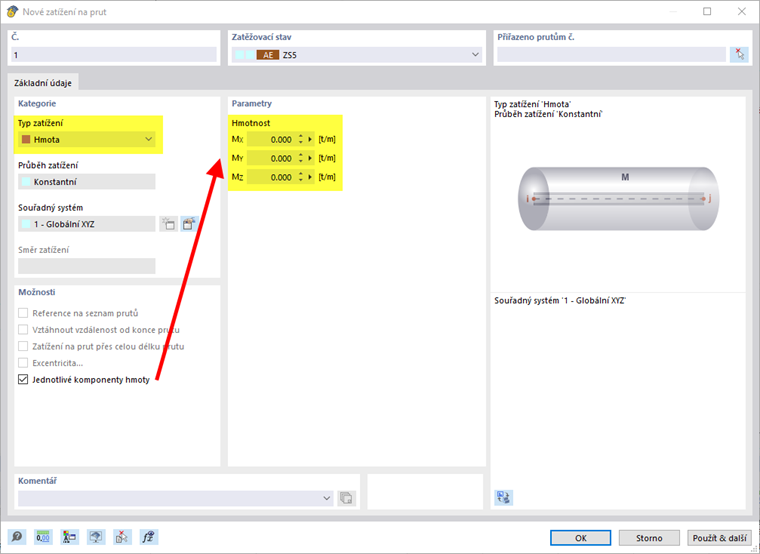 Definujte zatížení na prut pomocí typu zatížení 'Hmotnost'