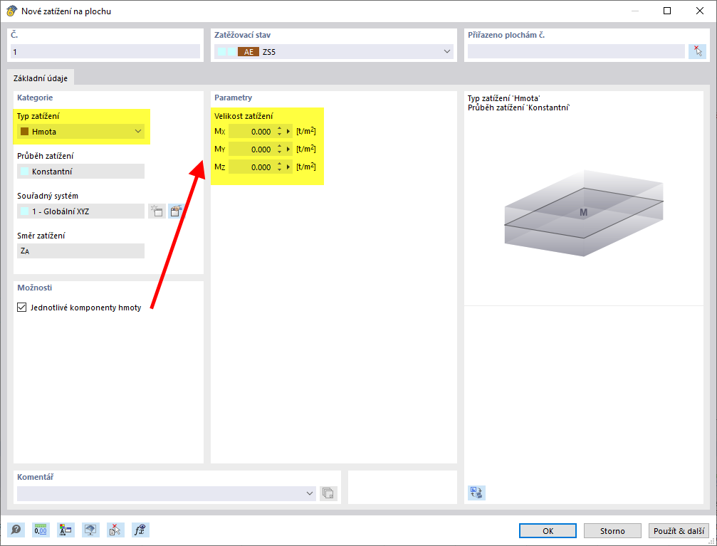 Plošné zatížení definujte pomocí typu zatížení "Hmota"