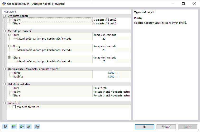 Globální nastavení pro analýzu napětí-přetvoření