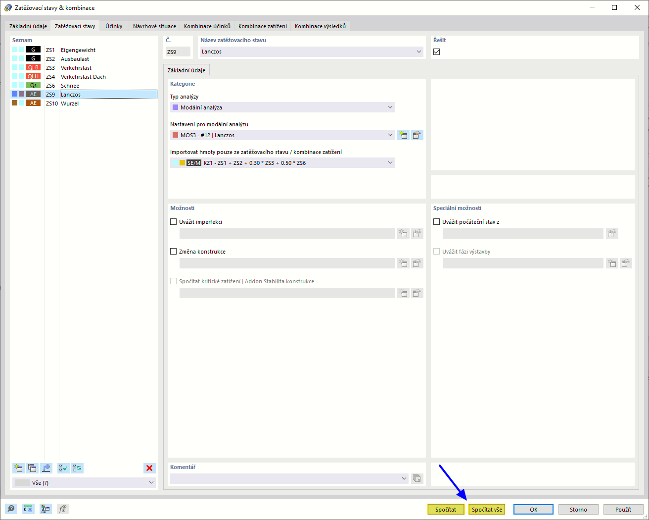 Spuštění výpočtu v dialogu "Zatěžovací stavy a kombinace"