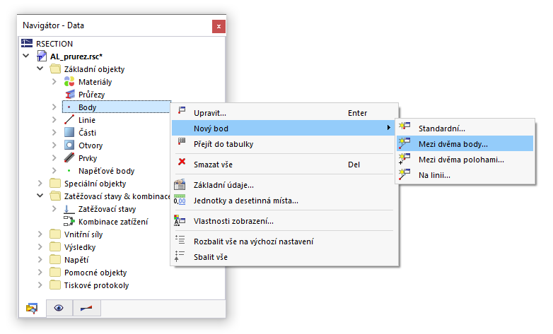 Kontextová nabídka v navigátoru  Data pro 'Body'