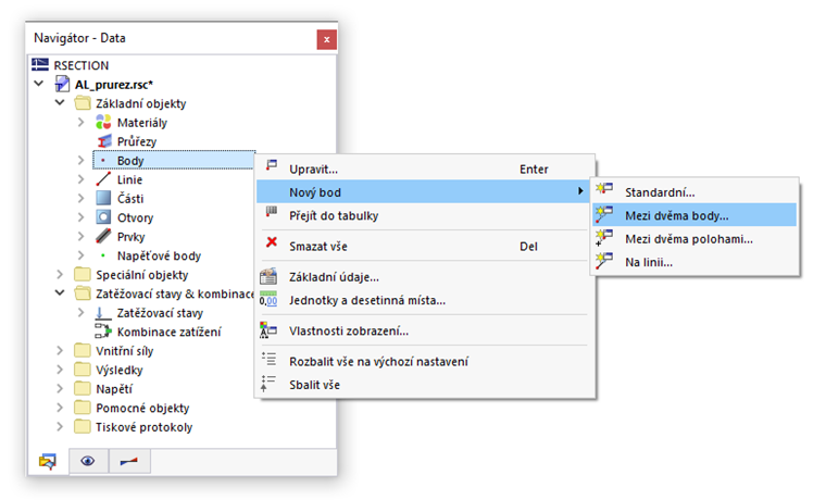 Kontextová nabídka v navigátoru  Data pro 'Body'