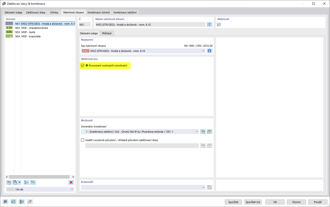 Aktivujte návrhovou situaci pro posouzení betonu