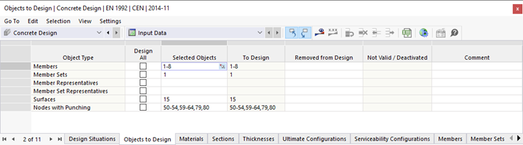 Tabulka "Objekty pro posouzení" u posouzení betonových konstrukcí
