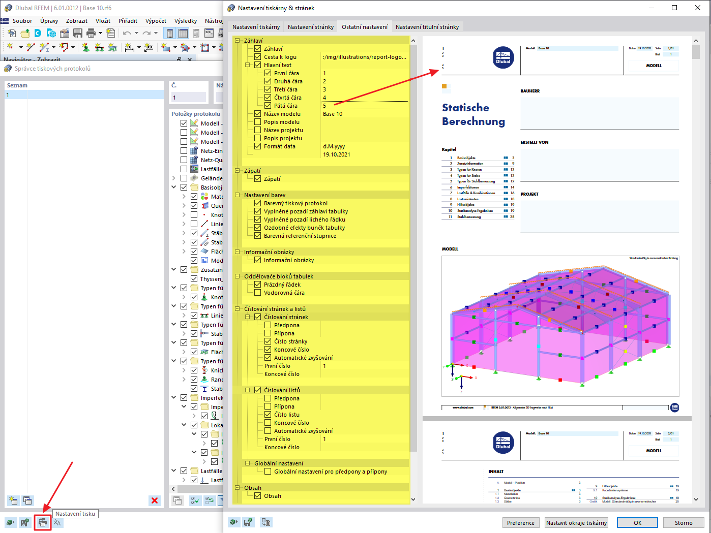 FAQ 005172 | Je možné v programu RFEM 6 / RSTAB 9 upravit vzhled (například záhlaví) tiskového protokolu?