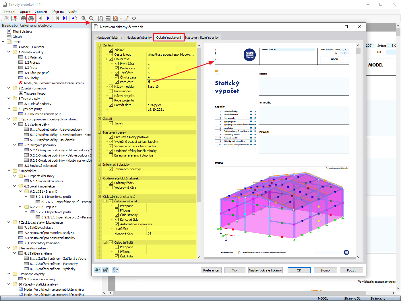 FAQ 005172 | Je možné v programu RFEM 6 / RSTAB 9 upravit vzhled (například záhlaví) tiskového protokolu?