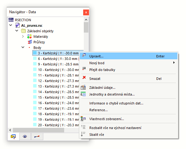 Kontextová nabídka bodu